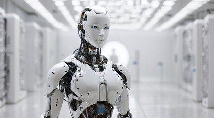 A robotic figure in a white room, surrounded by robot army , group of cyborgs in factory
