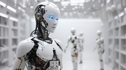  A robotic figure in a white room, surrounded by robot army , group of cyborgs in factory