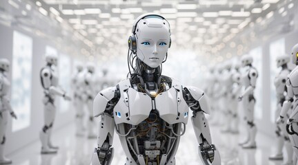   A robotic figure in a white room, surrounded by robot army , group of cyborgs in factory