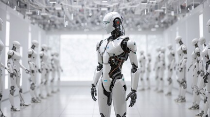  A robotic figure in a white room, surrounded by robot army , group of cyborgs in factory