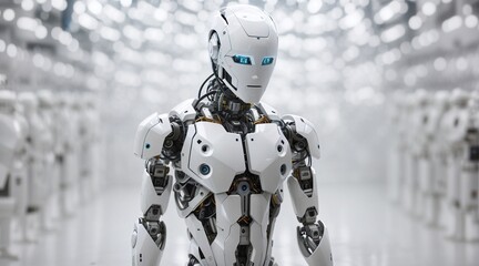  A robotic figure in a white room, surrounded by