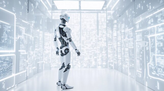  A robotic figure in a white room, surrounded by data