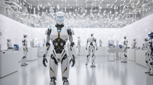  A robotic figure in a white room, surrounded by robot army , group of cyborgs in factory