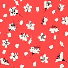 Seamless sakura flower blossom pattern on bright red background. Elegant naive and simple spring floral design element for invitation, card, wedding, poster, greetings. Vector illustration.