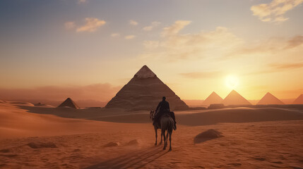 Great Pyramids of Giza, evening in the desert, man riding a camel The concept of tourism and the wonders of the world.