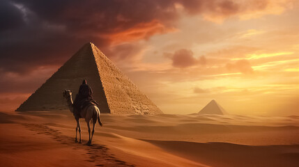 Great Pyramids of Giza, evening in the desert, man riding a camel The concept of tourism and the wonders of the world. - obrazy, fototapety, plakaty