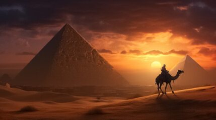 Great Pyramids of Giza, evening in the desert, man riding a camel The concept of tourism and the wonders of the world.