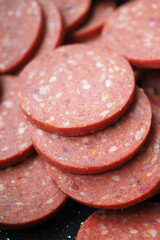 Close up of Traditional smoked salami sausage