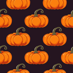 Seamless pattern with pumpkins. Square colorful background with orange pumpkin on dark background. Decor for Halloween, Thanksgiving, autumn festival harvest. Vector illustration.