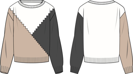 Women's Colour-block Sweater- Technical fashion illustration. Front and back, colored. Women's CAD mock-up. - obrazy, fototapety, plakaty