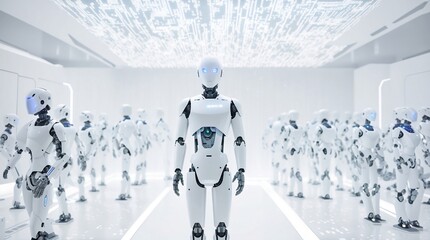  A robotic figure in a white room, surrounded by robot army , group of cyborgs in factory