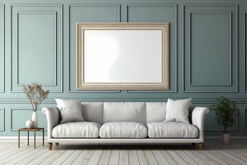 Fototapeta premium Empty illustration picture frame mock-up on a wall, 3d interior design