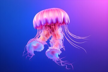 Lovely jellyfish on a blue neon background.