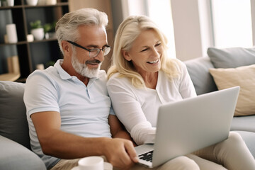 Happy mature couple using laptop on sofa. High quality photo