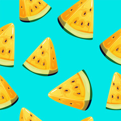 Seamless watermelon pattern. Vector background with slices of cartoon yellow watermelon. Fashionable food artistic textiles. for fabric
