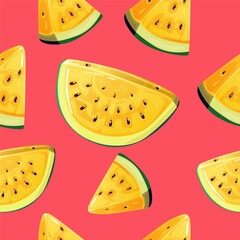 Seamless watermelon pattern. Vector background with slices of cartoon yellow watermelon. Fashionable food artistic textiles. for fabric