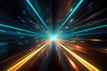 Fototapeta na wymiar Abstract futuristic background high speed straight blue yellow lines and bokeh glowing neon moving. High speed futuristic travel concept. Fantastic wallpaper