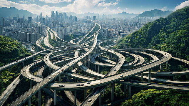 Aerial photography bird-eye view of City viaduct bridge road streetscape landscape Generative AI