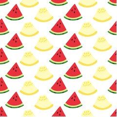 Pattern Pieces of watermelon and yellow melon. Triangle cut. Summer seamless pattern. Sweet fruits. Pulp with seeds. Juicy Food. Color image. isolated object. Vector illustration.