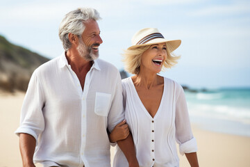 Happy mature couple on a sandy beach coast. High quality photo