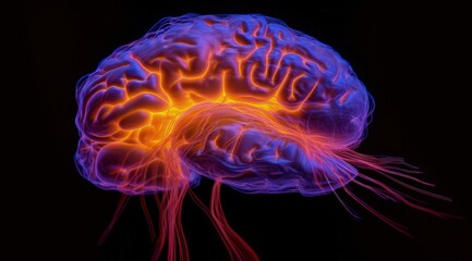 Obraz premium Close up of human brain showing neurons firing and neural extensions, limbic system Mammillary pituitary gland, amygdala thalamus, cingulate gyrus, corpus callosum, hypothalamus. Generative AI. 