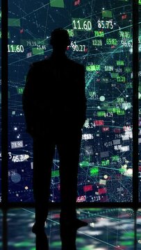 person watching global business date grid. Vertical design in 9:16 ratio. Smartphone and social media ready.