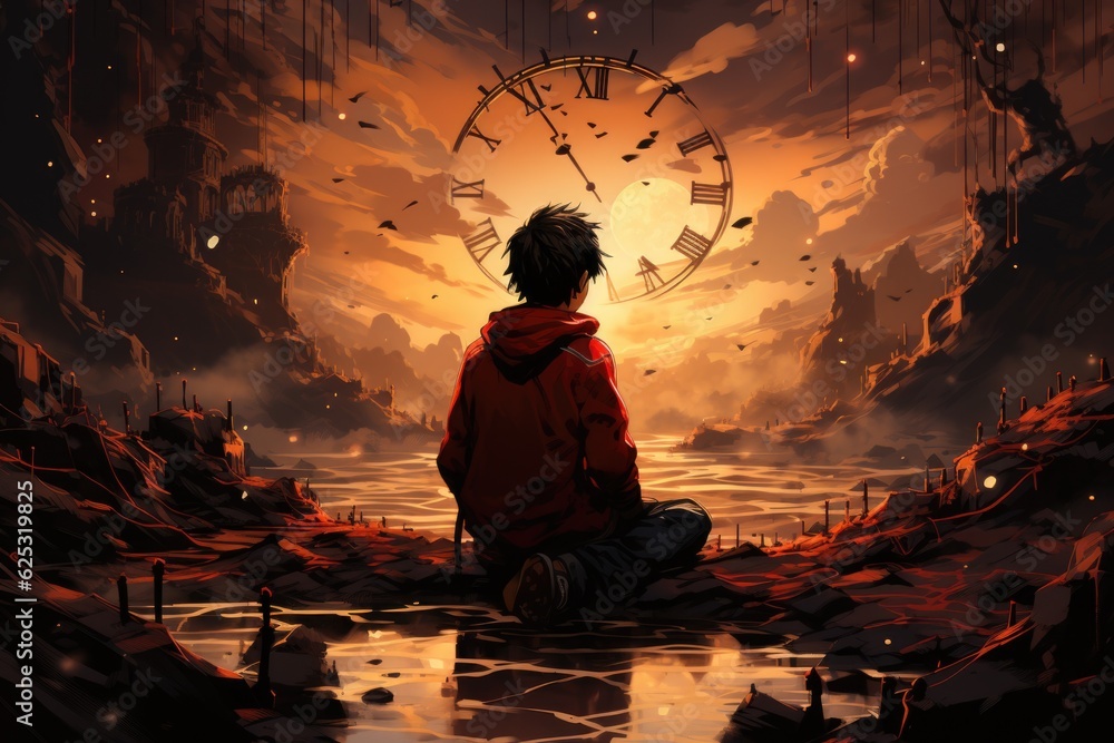Aufkleber a person sitting on the ground with a clock in the background. lost time concept image. generative a