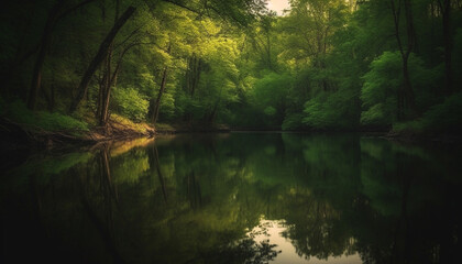 Tranquil scene of a forest pond reflecting the beauty of nature generated by AI