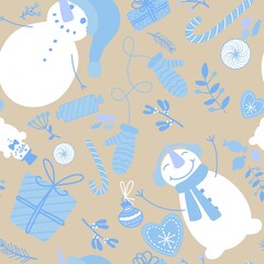 Christmas snowman seamless candy and flower and gift box and gloves pattern for wrapping paper and fabrics