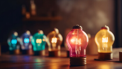 Glowing electric lamps illuminate dark backgrounds with bright ideas generated by AI