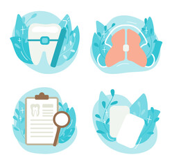 Dental care illustration set. Professional teeth cleaning, oral hygiene and whitening concept. Vector illustration.