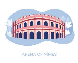Arena Nimes, France Traveling to France, learning French. Landmarks of France. Flat design, vector illustration.