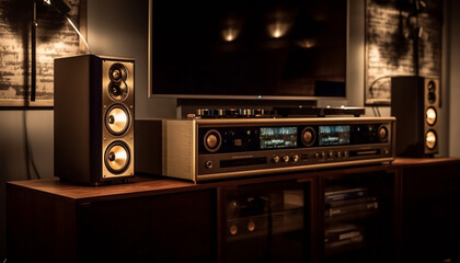 Fototapeta premium Modern stereo equipment in elegant home interior with wood material generated by AI