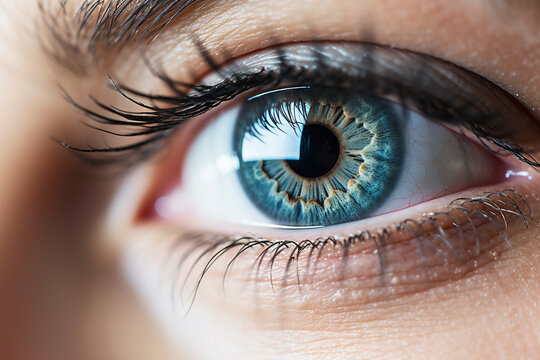 Blue female human eye extreme macro shot. High quality photo