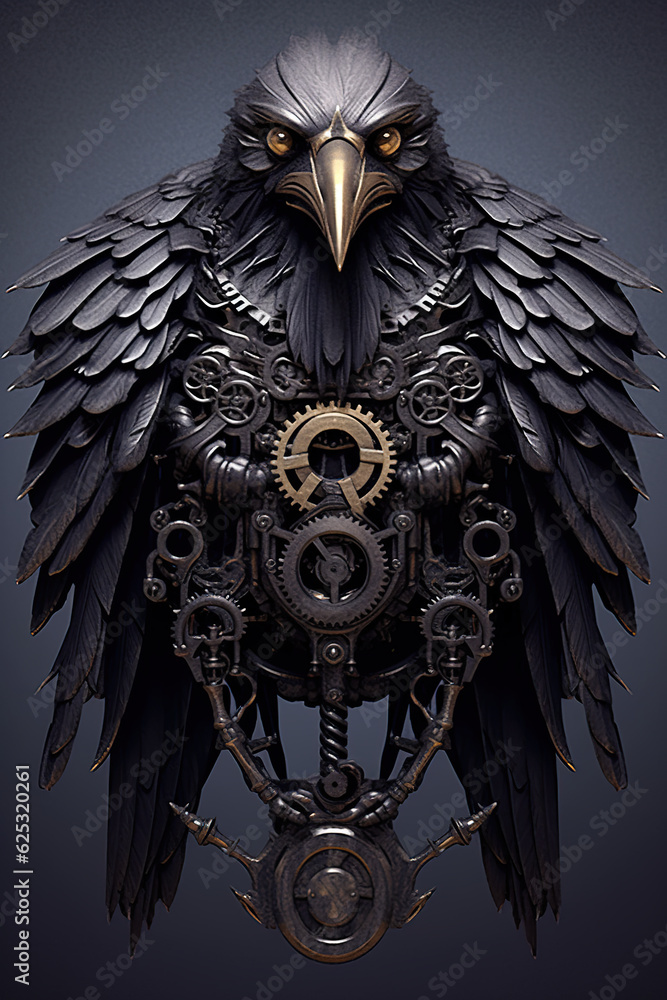 Poster a large black bird with a clock on it's back. generative ai.