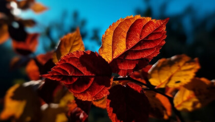 Vibrant autumn foliage in defocused forest background, close up on maple generated by AI