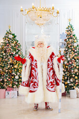 actor in red traditional Father Frost costume in room with christmas trees 