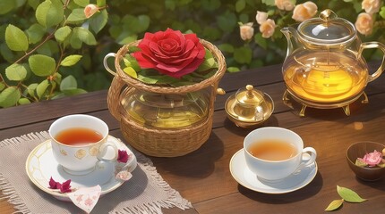 Obraz na płótnie Canvas tea and flowers on table in cafe