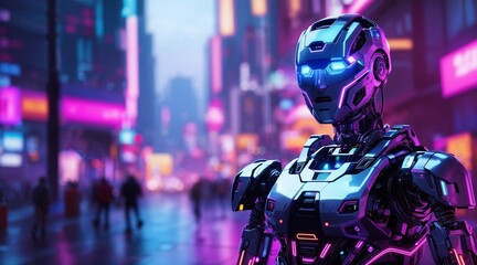 An AI-powered robot standing in a futuristic cityscape, illuminated by neon lights