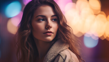 Naklejka premium Young adult woman with brown curly hair looking at camera generated by AI
