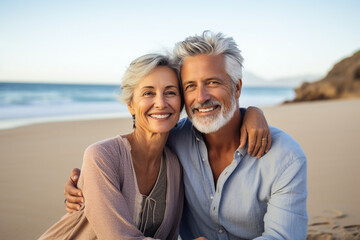 Happy mature couple on a sandy beach coast. High quality photo