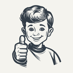 Young boy approves showing thumb up. Vintage woodcut engraving style vector illustration.