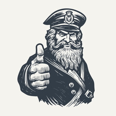 Man wearing captain hat approves showing thumb up. Vintage woodcut engraving style vector illustration.