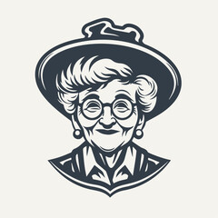 Logo symbol of grandma wearing glasses and hat. Vintage woodcut engraving style vector illustration. - obrazy, fototapety, plakaty
