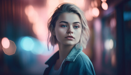 Fototapeta premium Beautiful young woman with confidence and sensuality, illuminated at dusk generated by AI