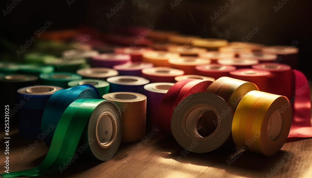 Poster multi colored thread spools arranged in a circle on table background generated by ai