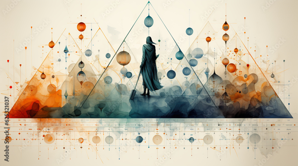 Poster a painting of a person standing in front of a pyramid. generative ai. abstract geometric background 