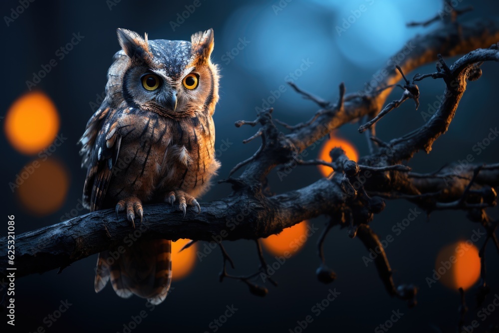 Poster an owl is sitting on a tree branch. generative ai.