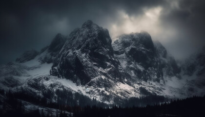 Majestic mountain range, dark winter sky, tranquil scene, no people generated by AI