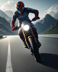 man in helmet on motorbike on asphalt road.